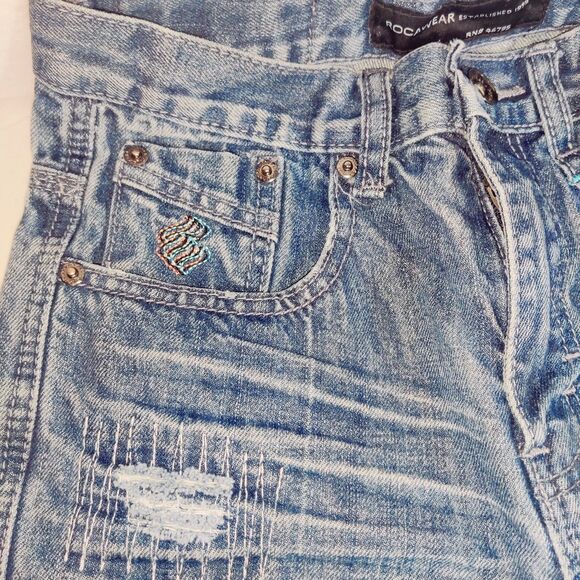Vintage Rocawear Teens Size10/27 Denim Shorts Blue Patch Hip Hop Skater Y2K JayZ - Picture 2 of 15